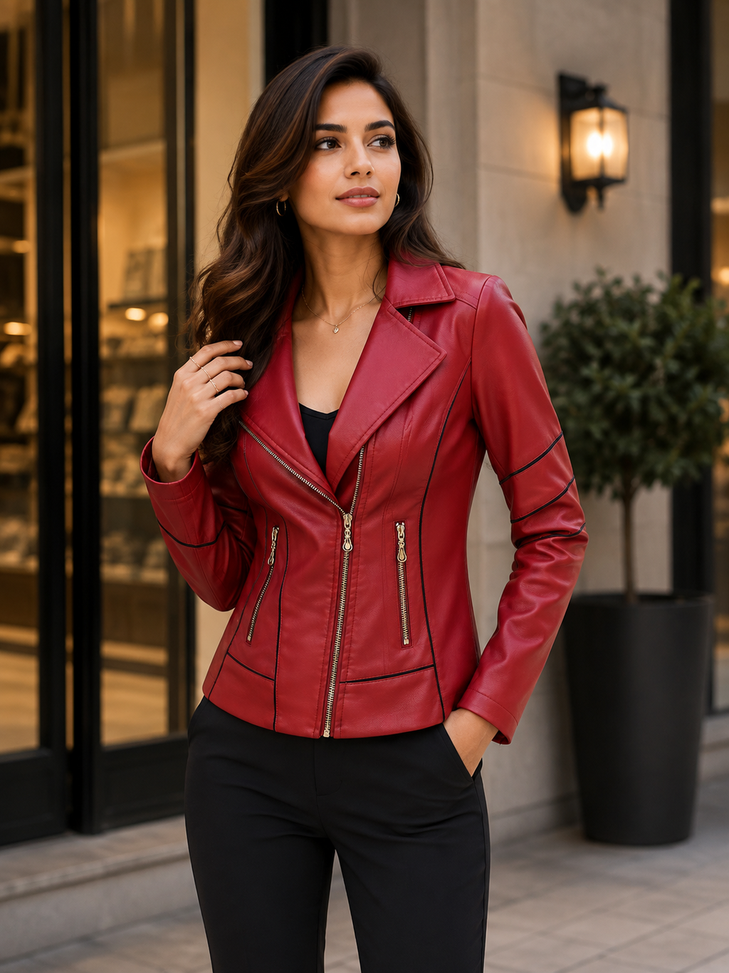 Women's Red Moto Jacket Street Style Outfit