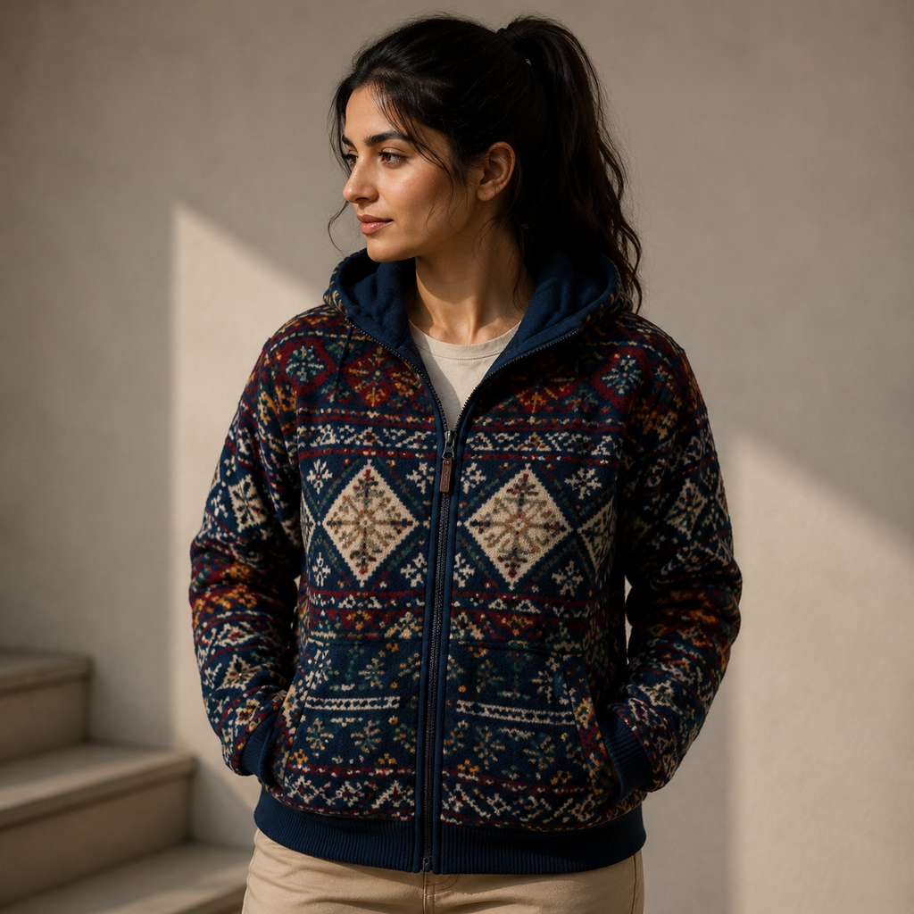 Women's Navy Aztec Diamond Sherpa Fleece Hooded Jacket 