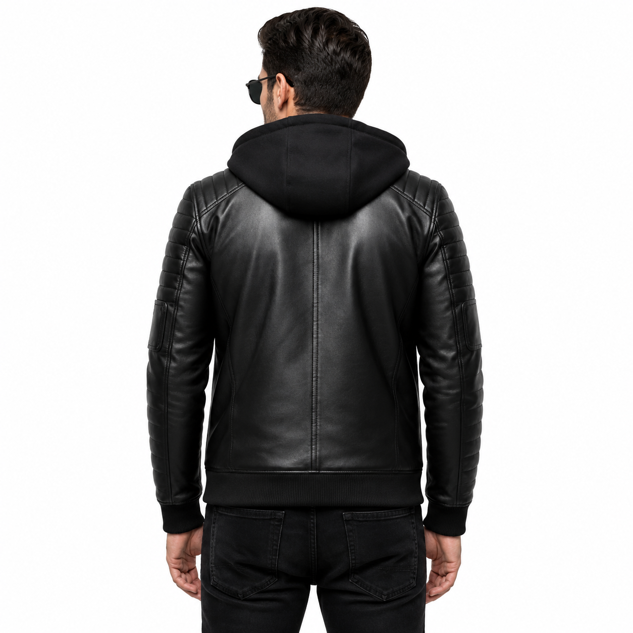 Men's hooded leather biker jacket