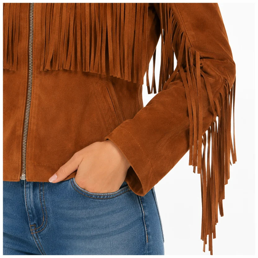 Women's Cognac Brown Suede Fringe Western Jacket