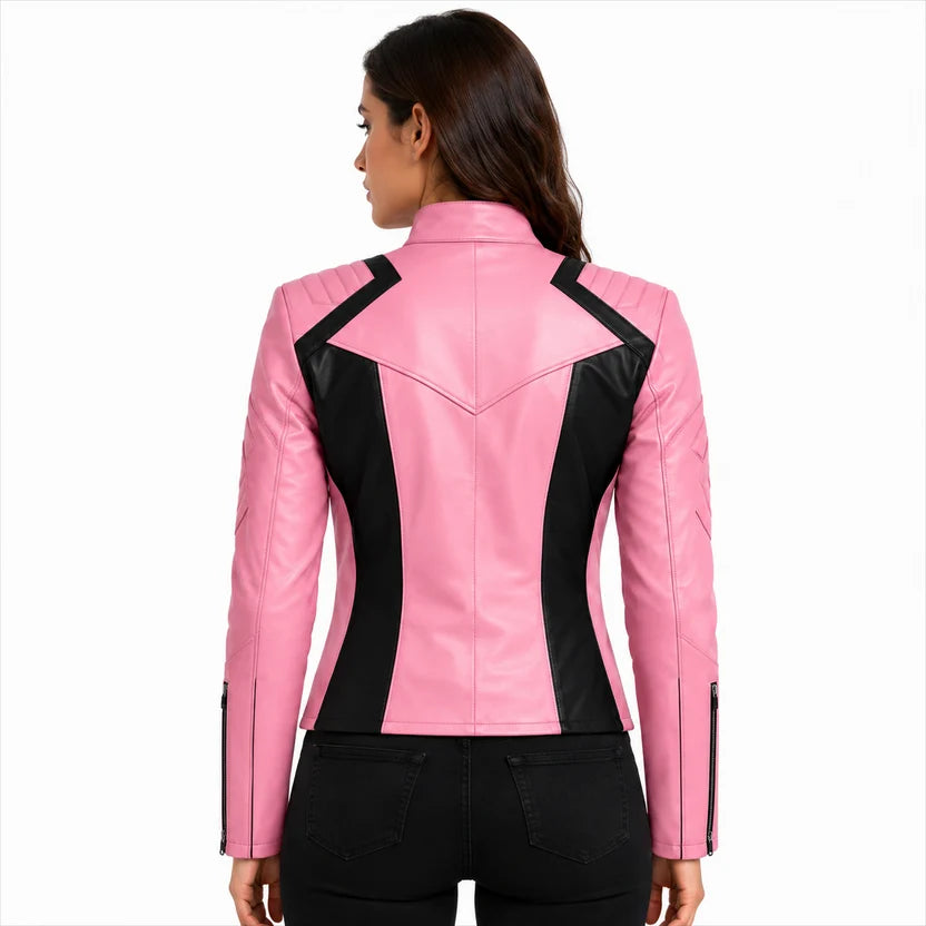 Women's Pink Black Panel Leather Biker Jacket