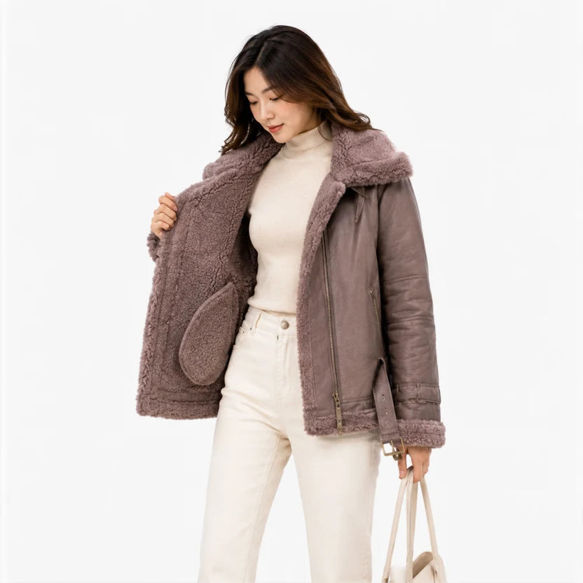 Women's Mauve Brown Shearling Aviator Jacket Real Leather B3 Bomber with Faux Fur Collar