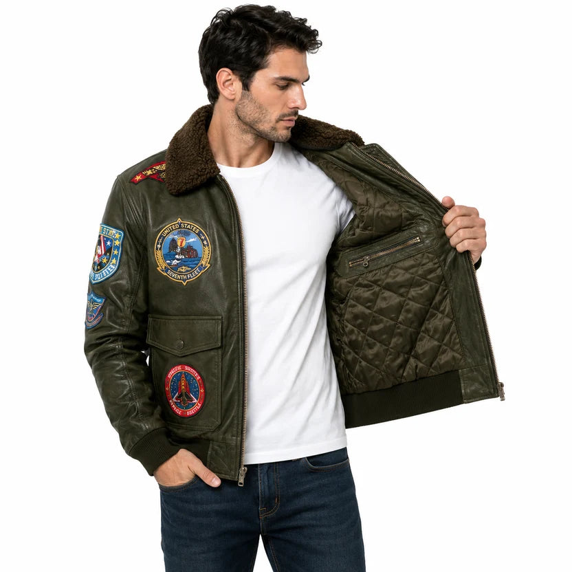Olive Green Leather Aviation Jacket