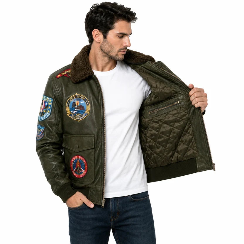 Men's Black Genuine Leather Top Gun Bomber Aviator Jacket