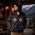 Men's Navy Aztec Sherpa Jacket Winter Streetwear Outfit