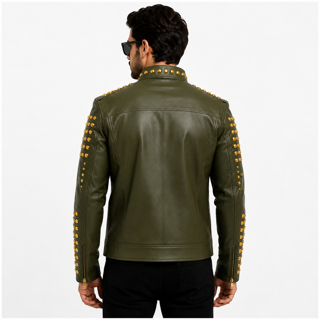 Men's Olive Green Studded Leather Jacket