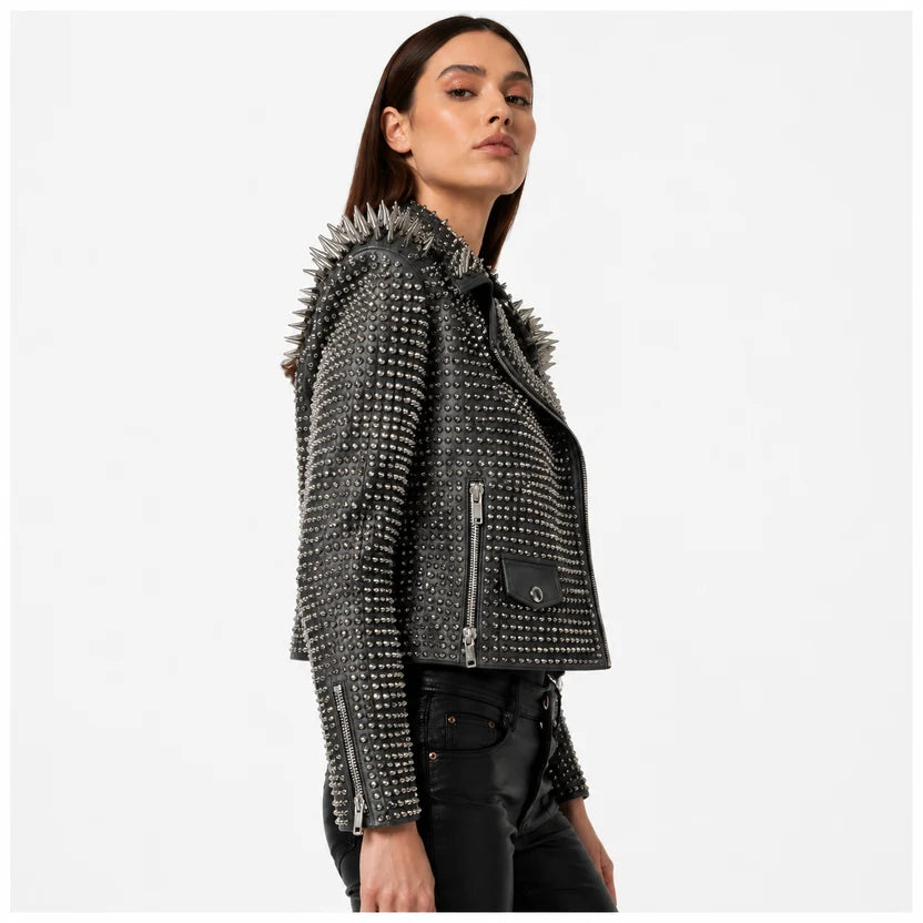 women's charcoal grey studded leather moto jacket
