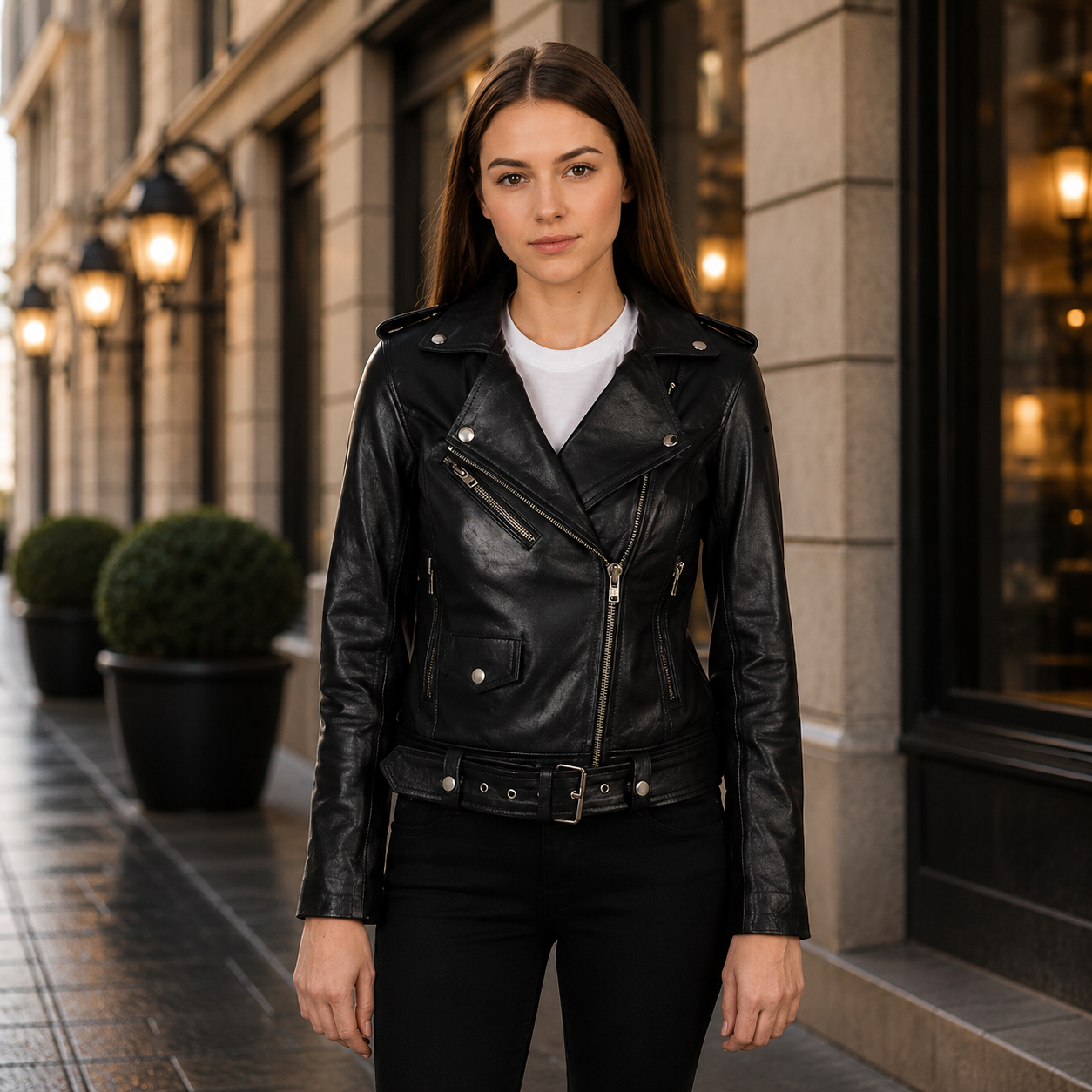 Women's Black Belted Moto Leather Jacket