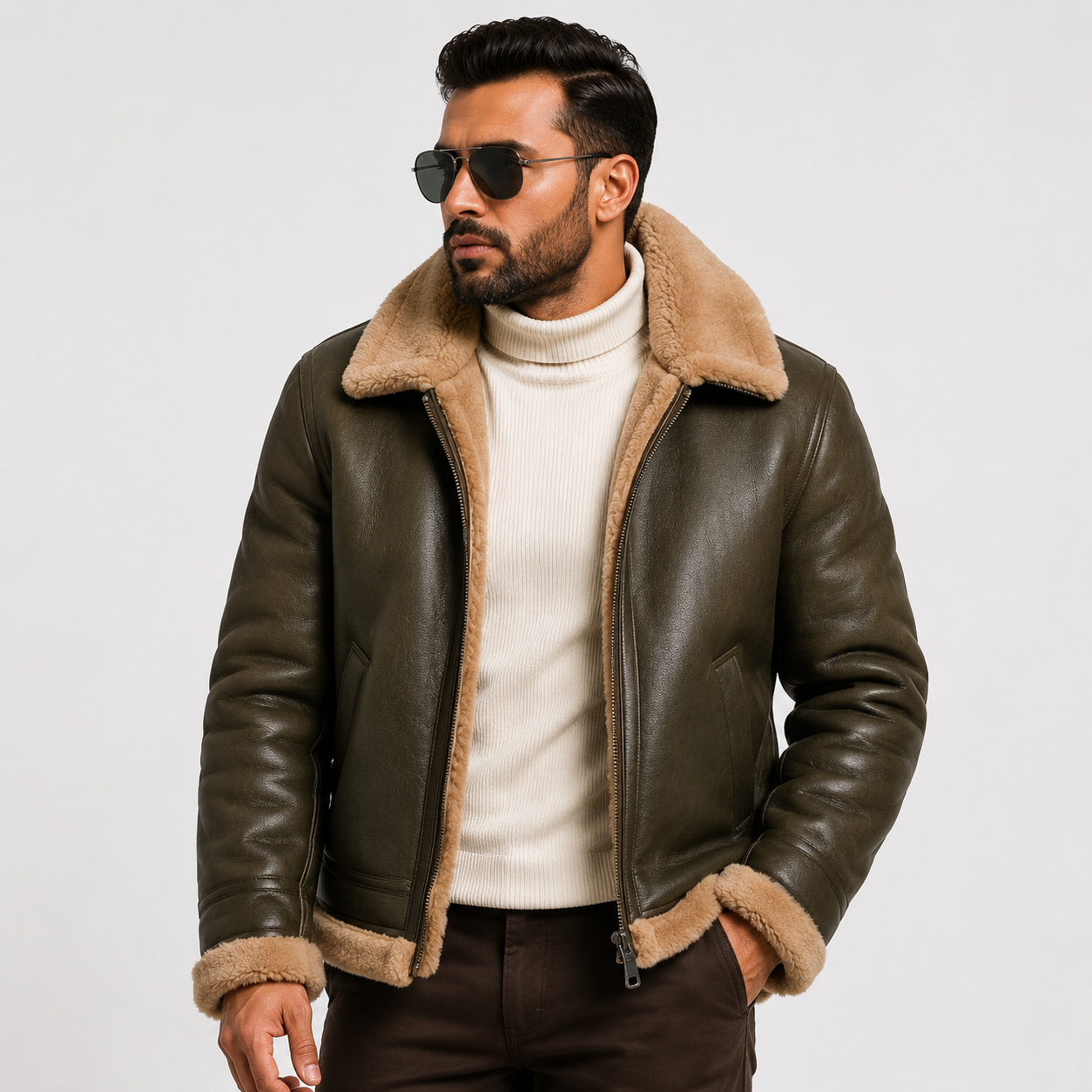 Men's Olive Brown Aviator Bomber Jacket