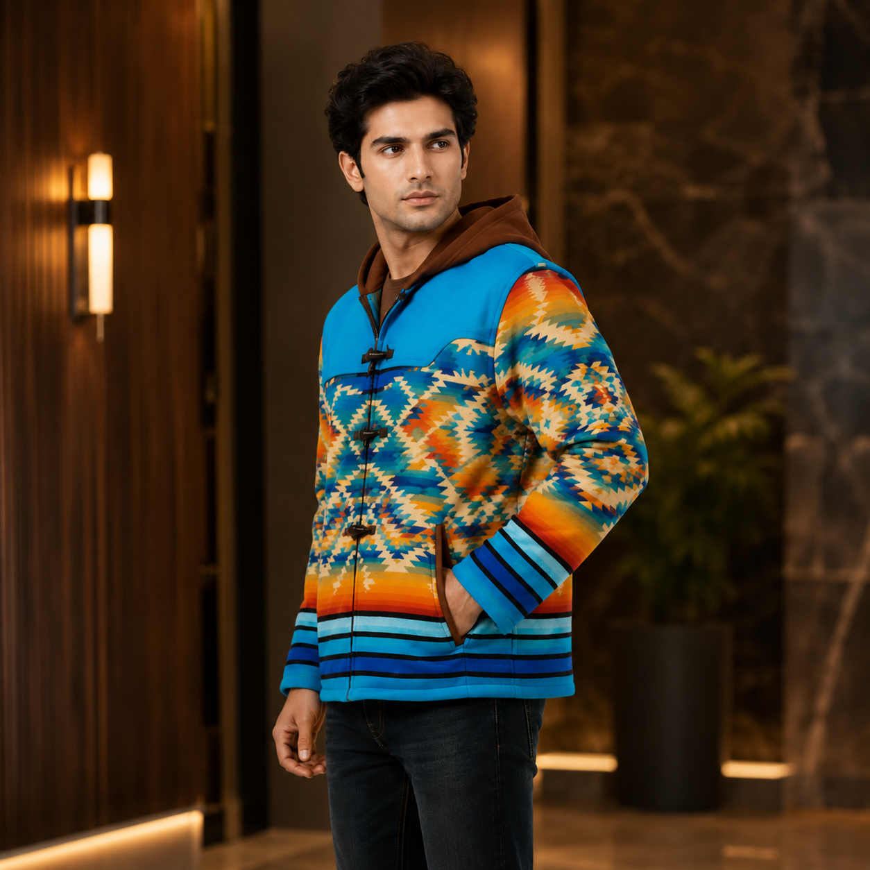 Men's Blue Orange Aztec Jacket Festival Outdoor Outfit