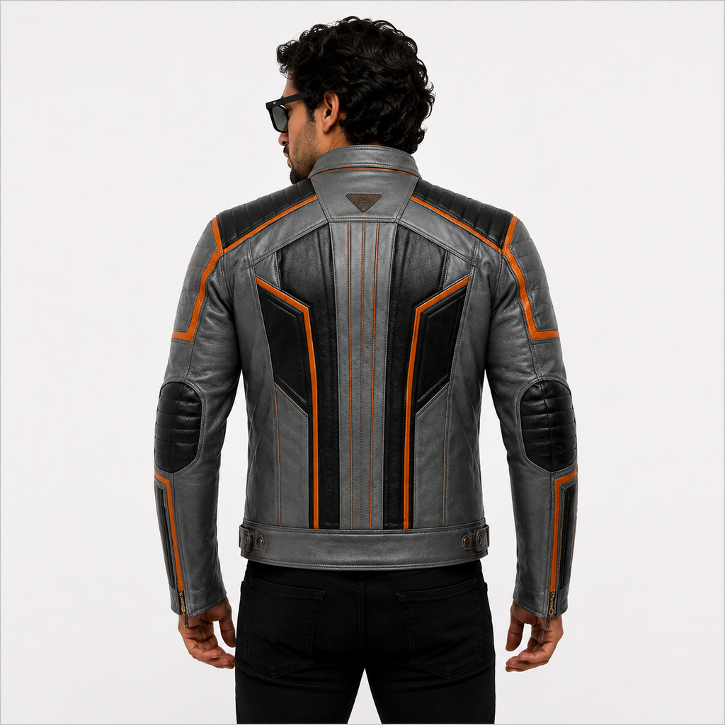 Men's Distressed Grey Cafe Racer Leather Biker Jacket
