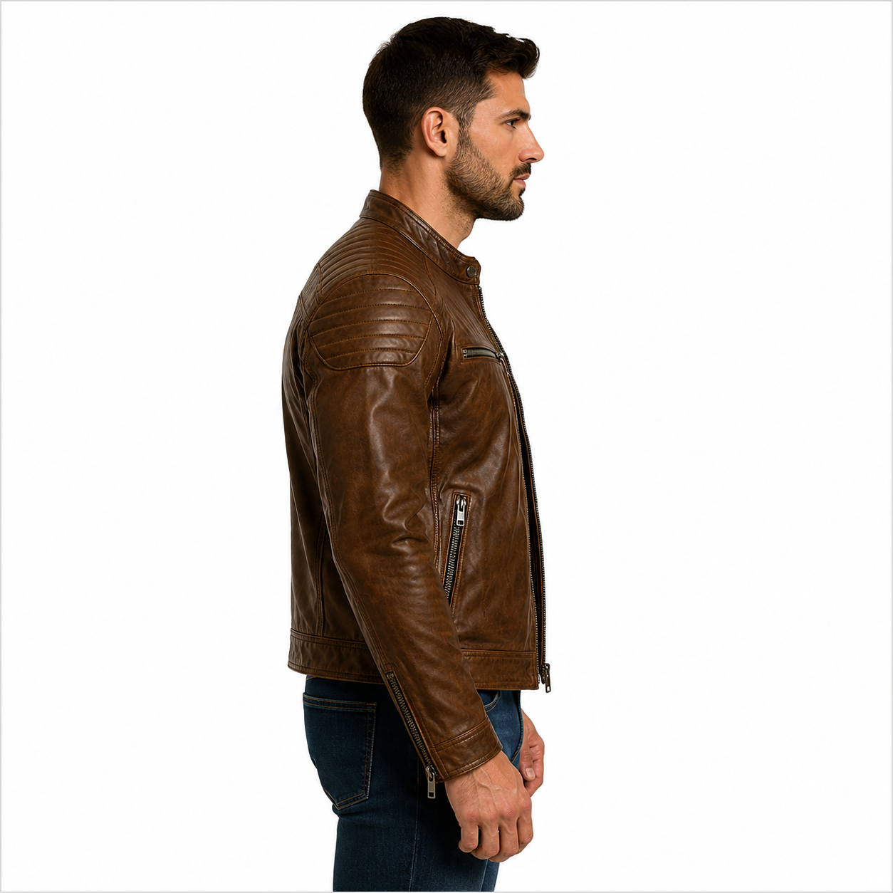 Distressed Leather Cafe Racer Jacket 