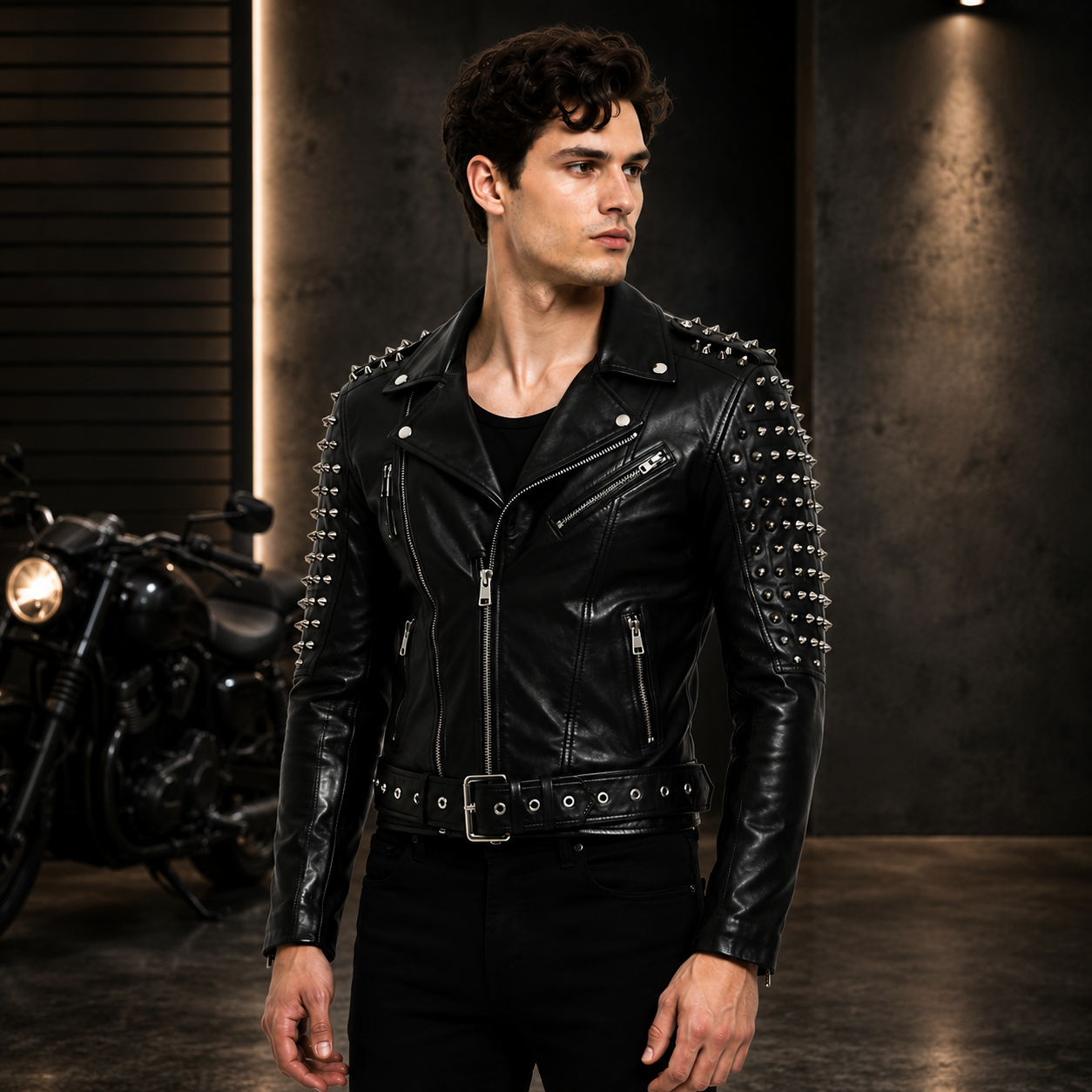 Men's Black Spiked Leather Jacket with Belt Rock Concert Outfit