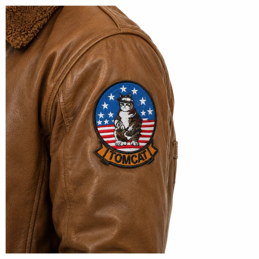 Tan Leather Jacket with Vintage Wash and Colorful Patches