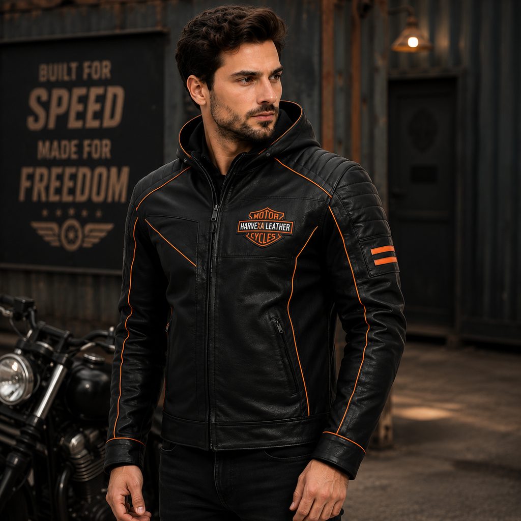 Men's Black Hooded Leather Motorcycle Jacket Streetwear Outfit