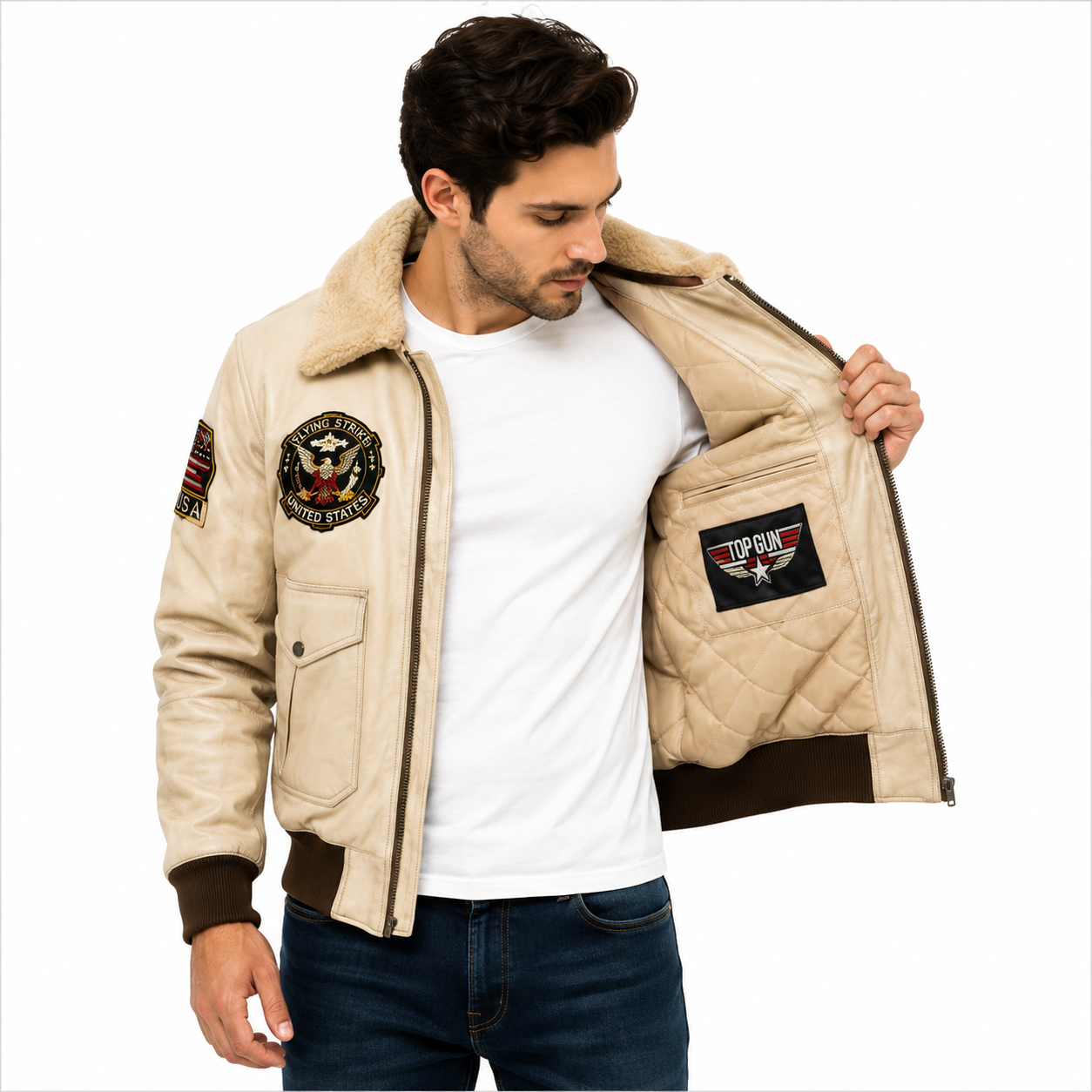 Men's Beige Top Gun G-1 Flight Leather Jacket