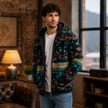 Men's Teal Aztec Sherpa Jacket Streetwear Winter Outfit