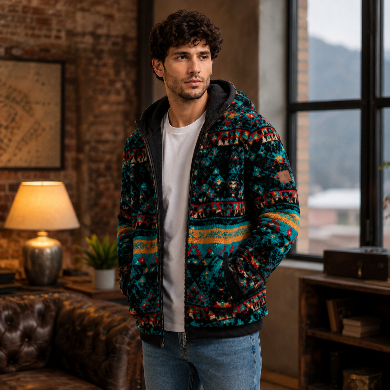Men's Teal Aztec Sherpa Jacket Streetwear Winter Outfit