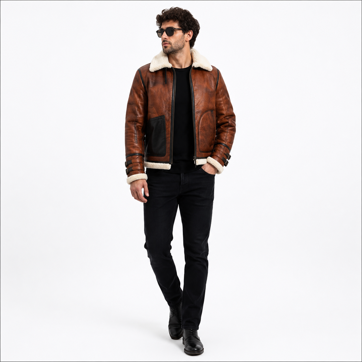 Men's Brown Faux Shearling Aviator Flight Jacket