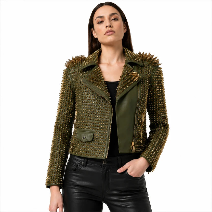 women's olive green studded leather moto jacket