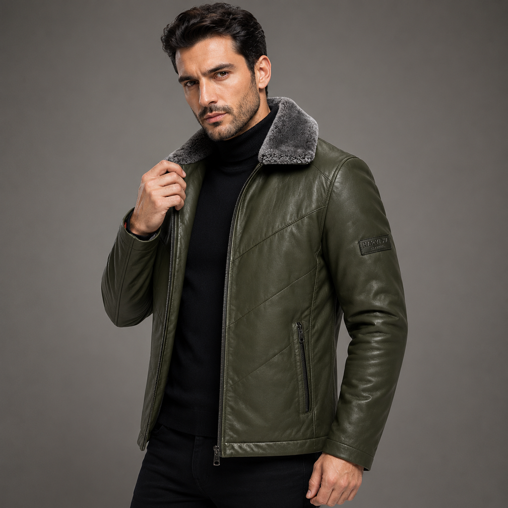 Men's olive green leather jacket