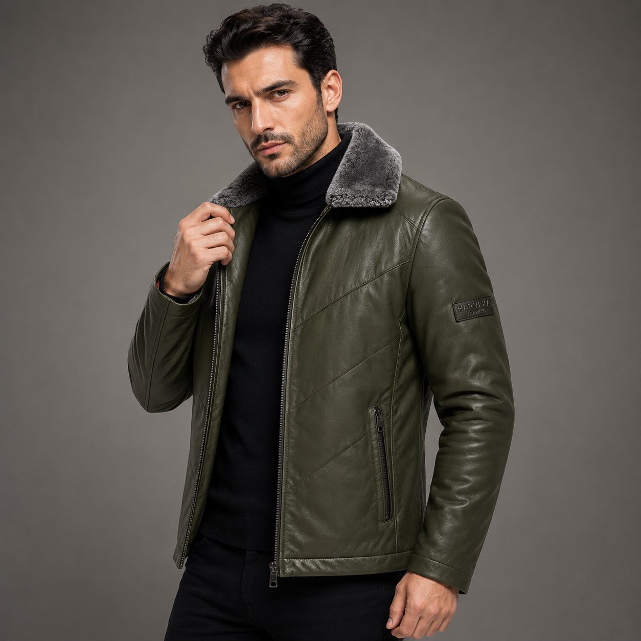 Men's olive green leather jacket