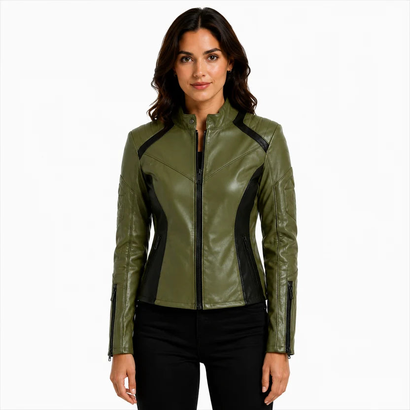 Women's Olive Green Black Panel Leather Biker Jacket
