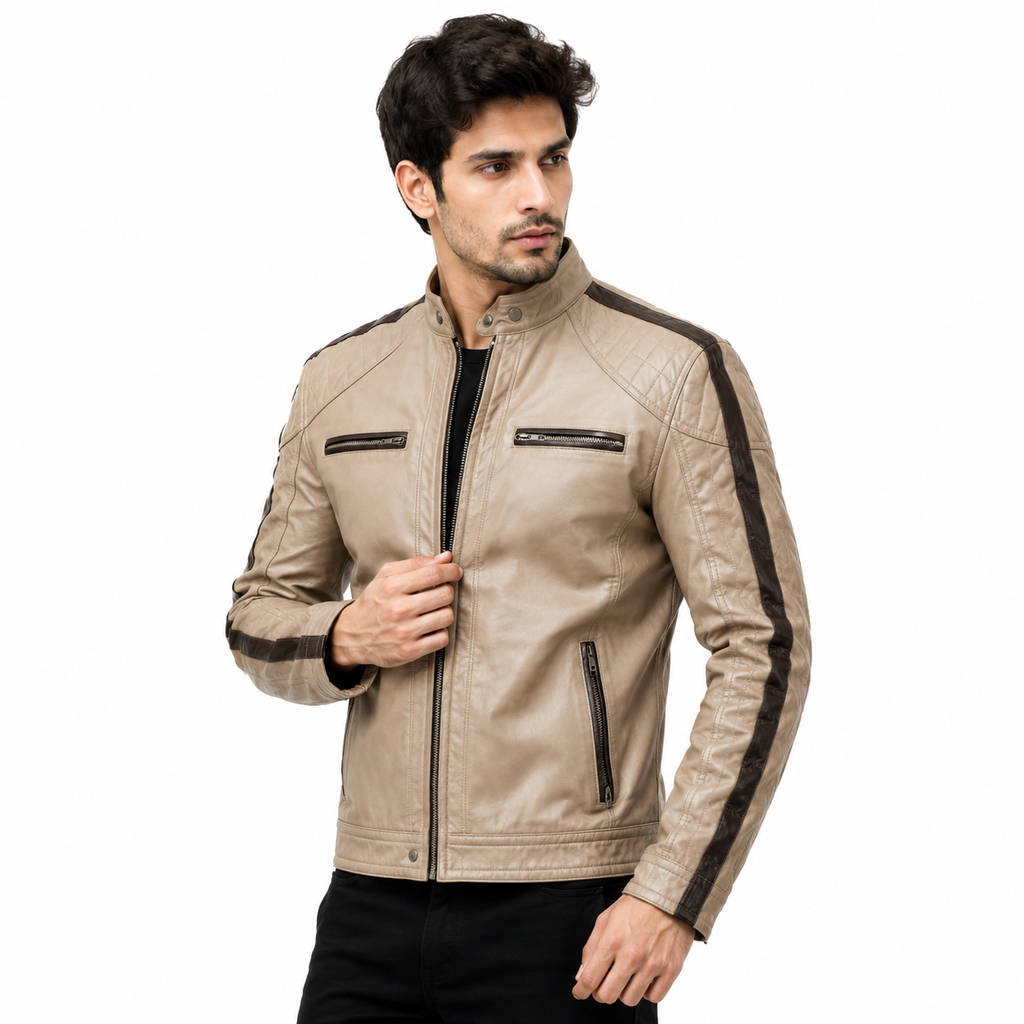 Men's Beige Premium Leather Biker Jacket