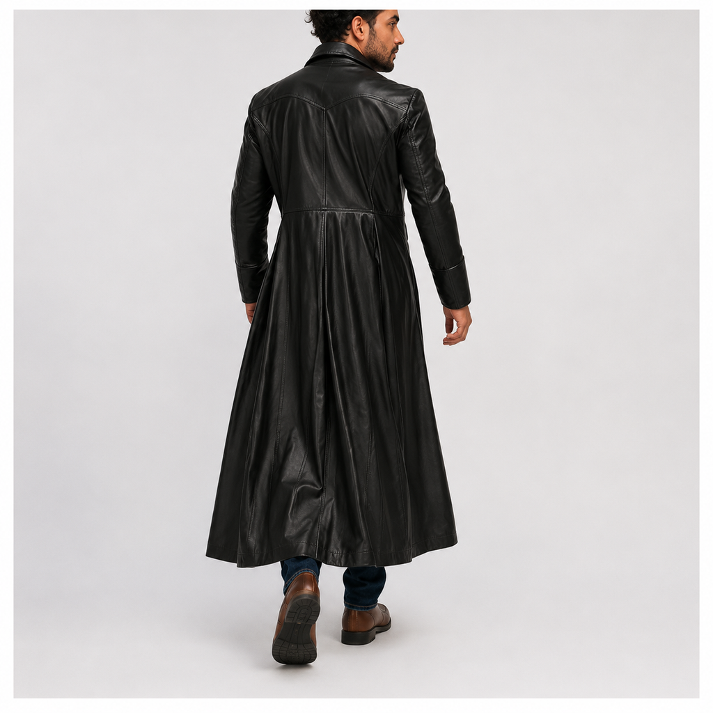 Full-Length Double-Breasted Leather Duster Trench Coat