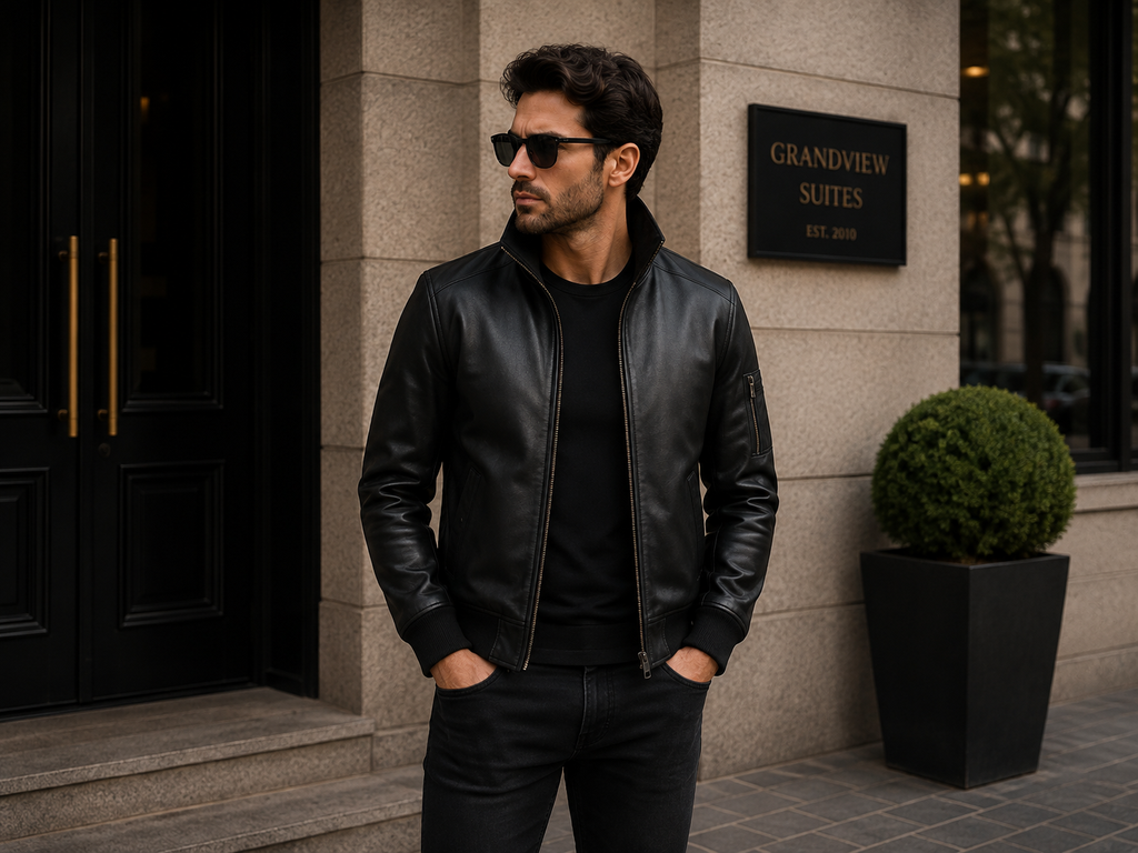 Men's Black Real Cowhide Leather Bomber Jacket