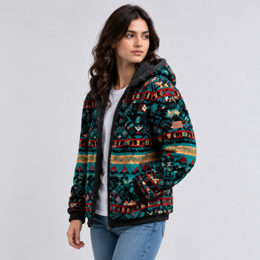 Women's Yellowstone Inspired Teal Black Western Aztec Zip Up Hooded Fleece Jacket