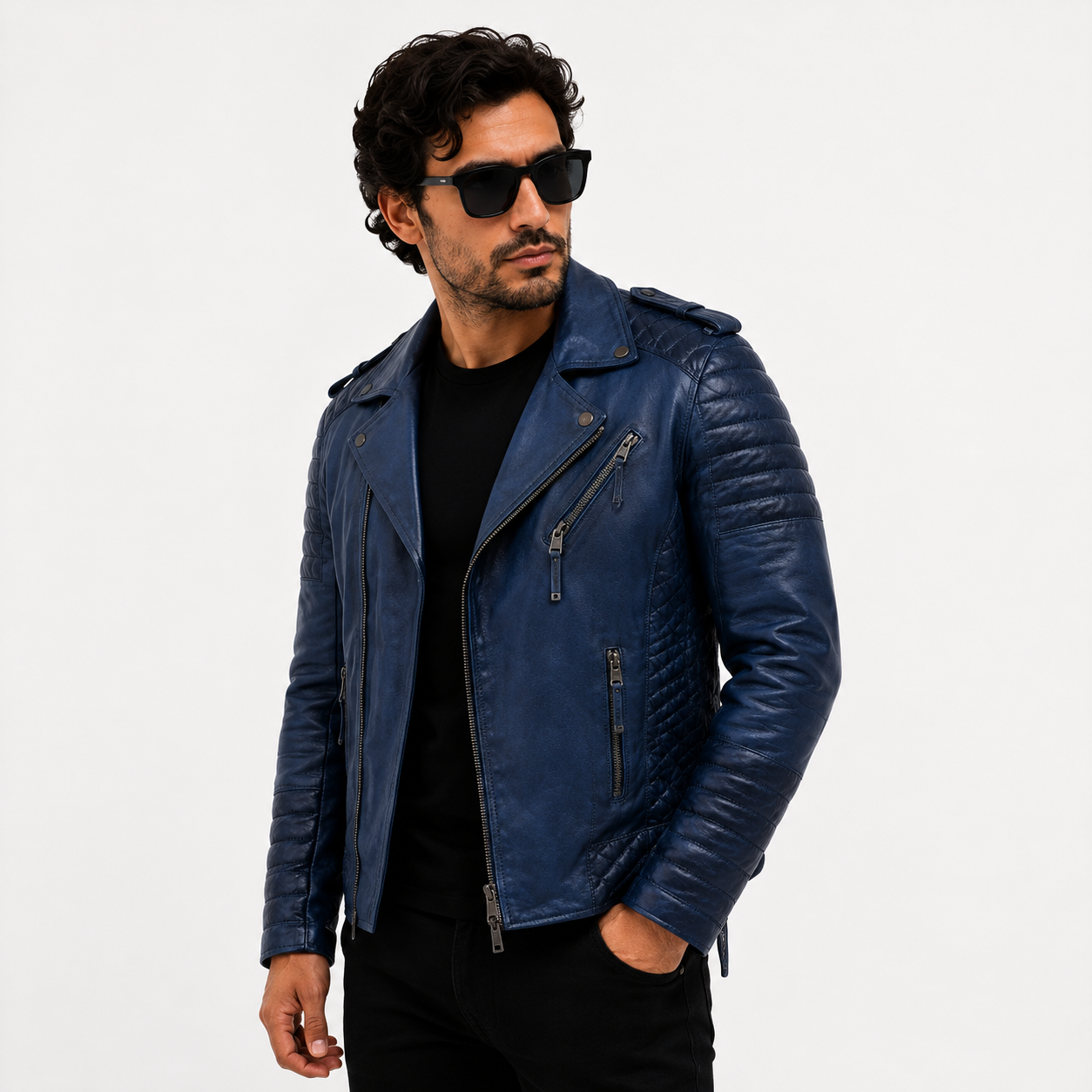Men's Distressed Navy Blue Asymmetric Leather Biker Jacket