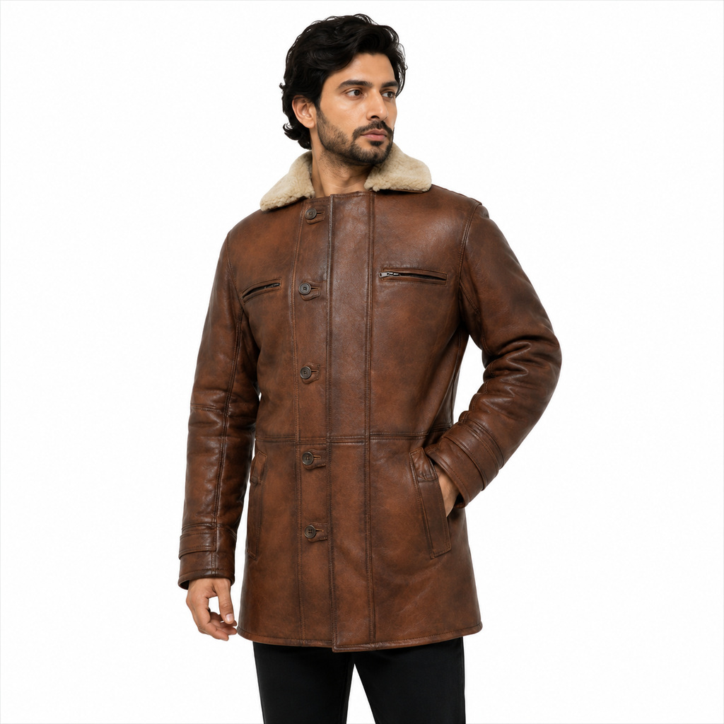 Men's Brown Faux Shearling Long Leather Coat