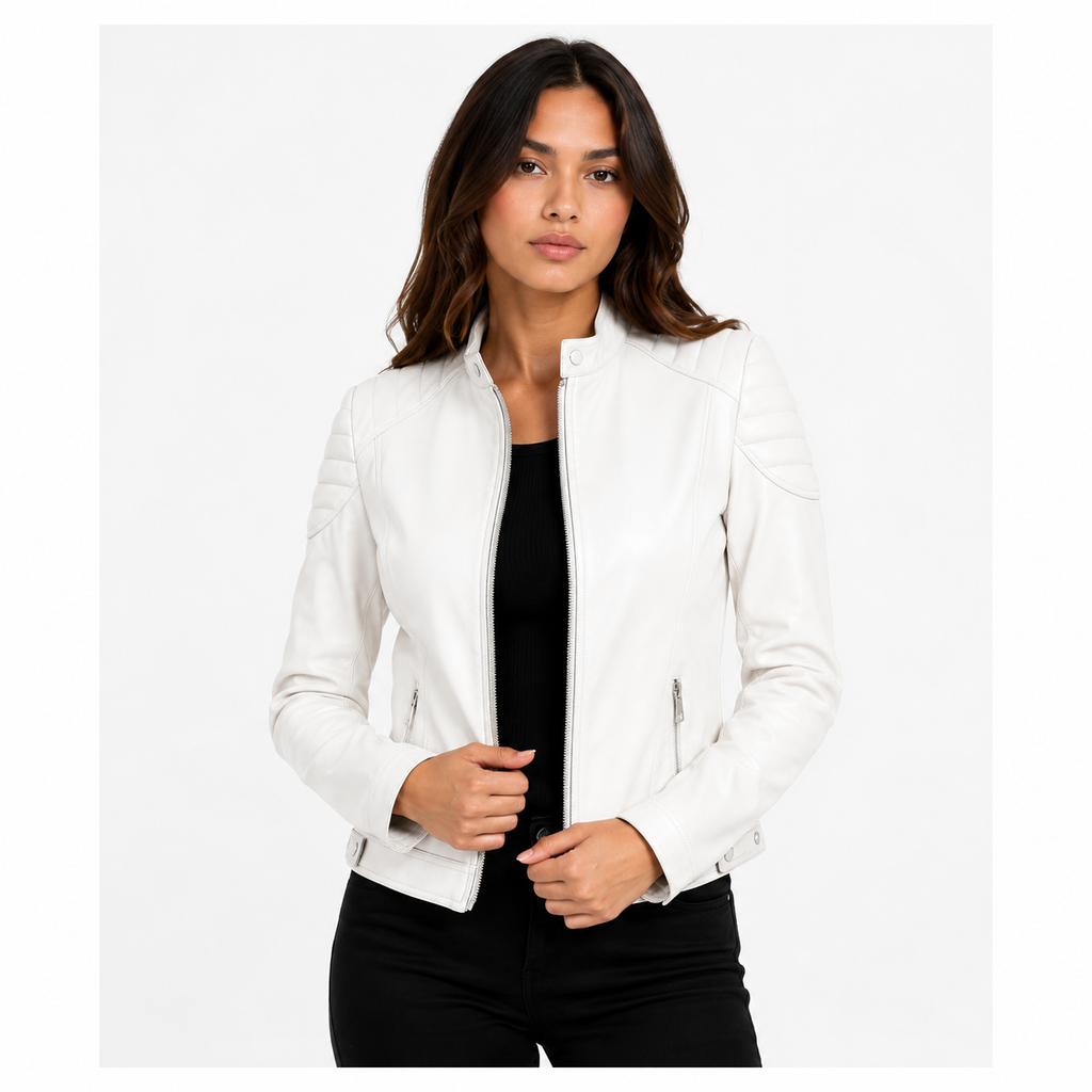 Women's Off-White Cafe Racer Leather Biker Jacket