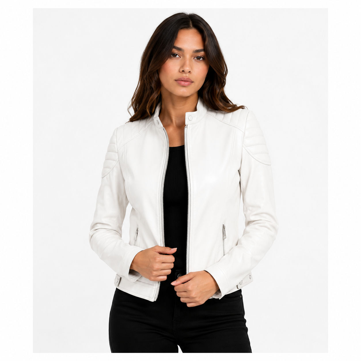 Women's Off-White Cafe Racer Leather Biker Jacket