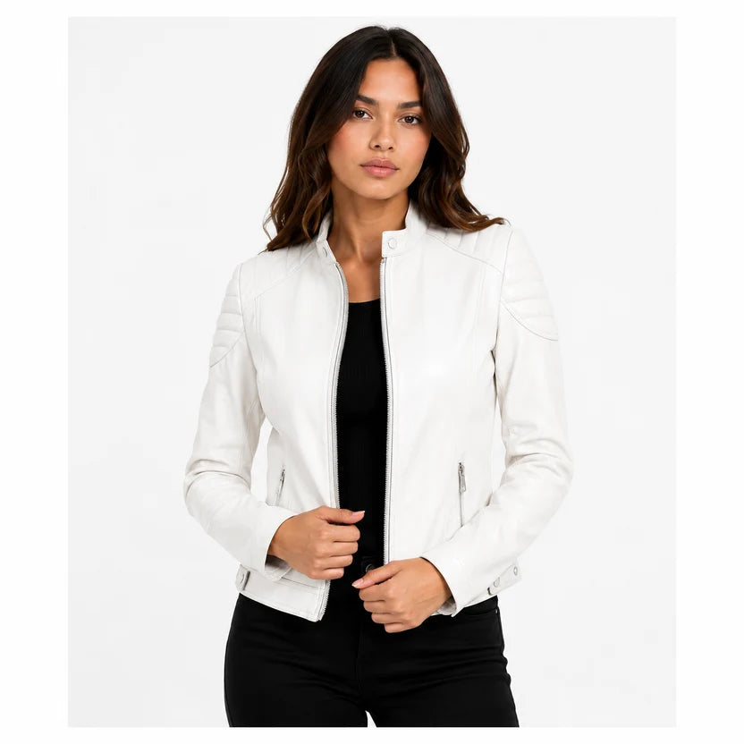 women's white real leather biker jacket
