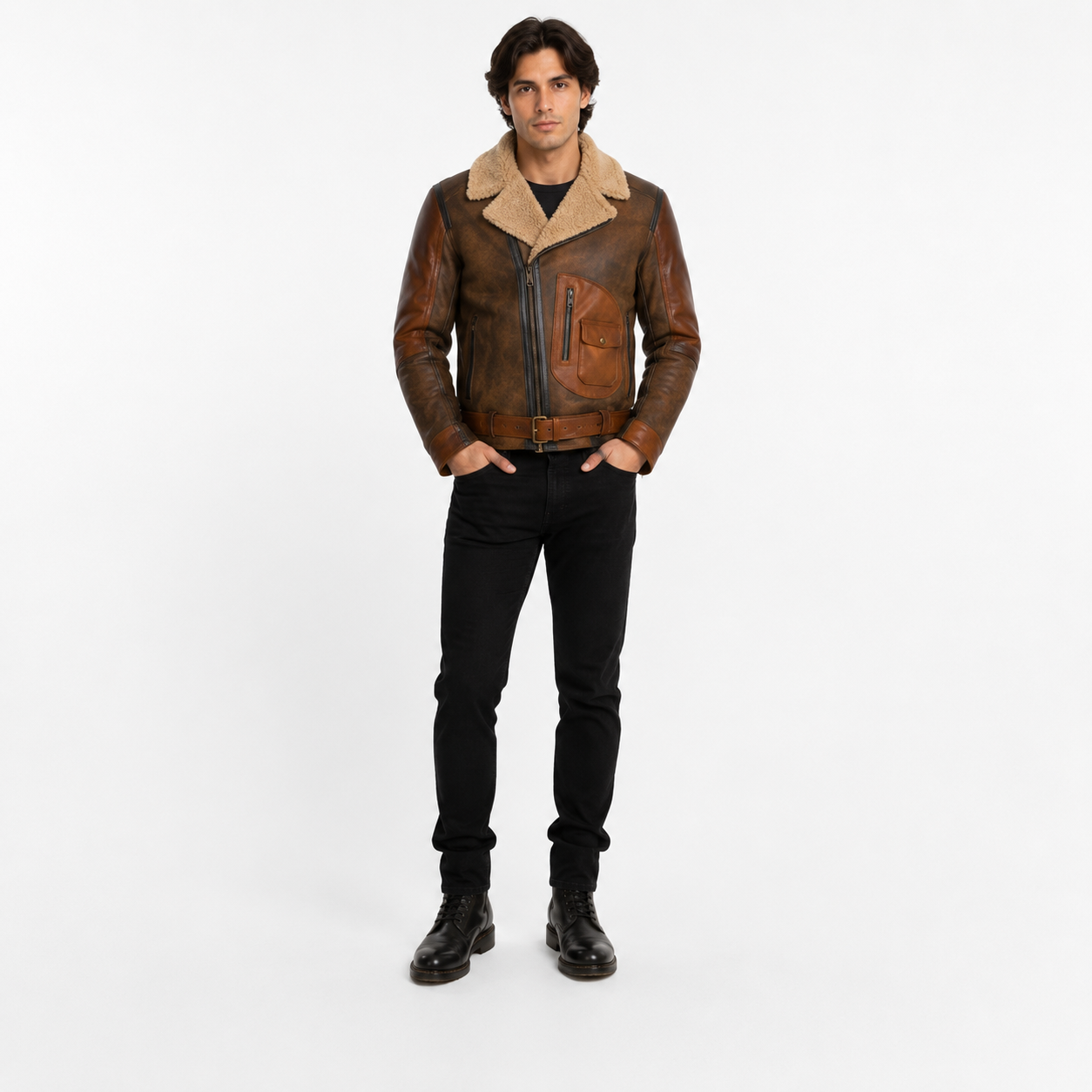 Men's distressed brown shearling aviator jacket