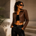 Women's Brown Cropped Studded Leather Jacket