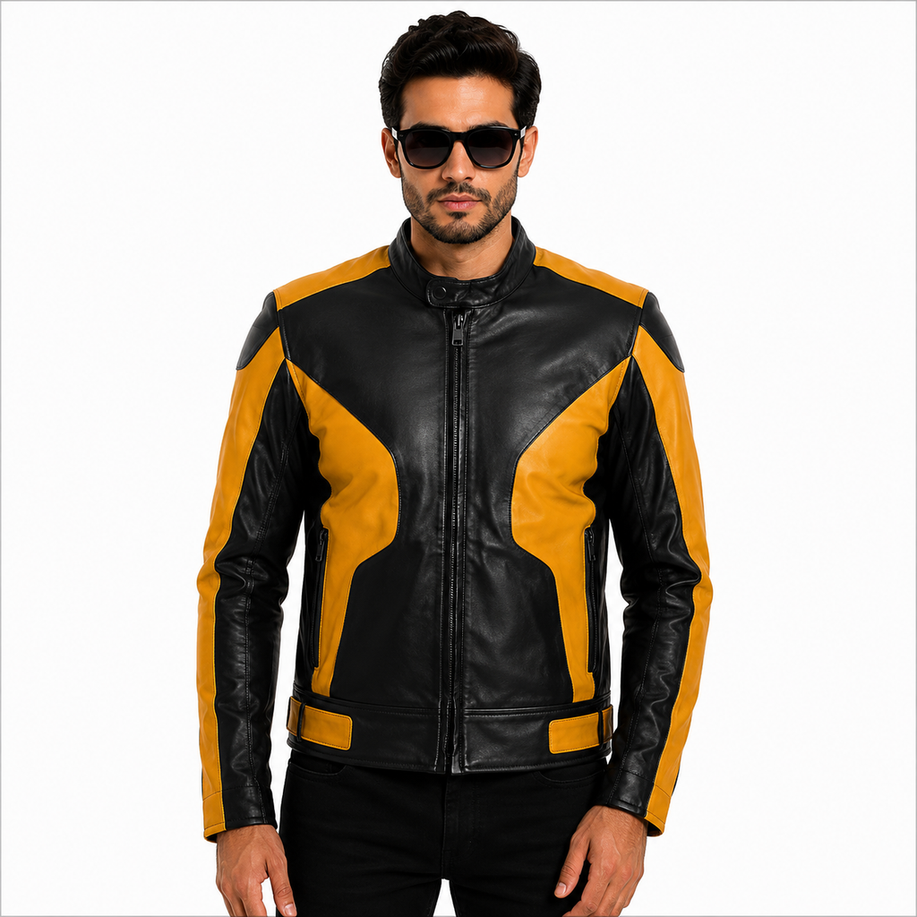 Men's Black & Yellow Genuine Leather Biker Jacket