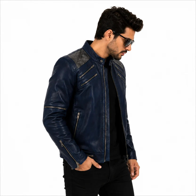 Blue Leather Jacket with Zippered