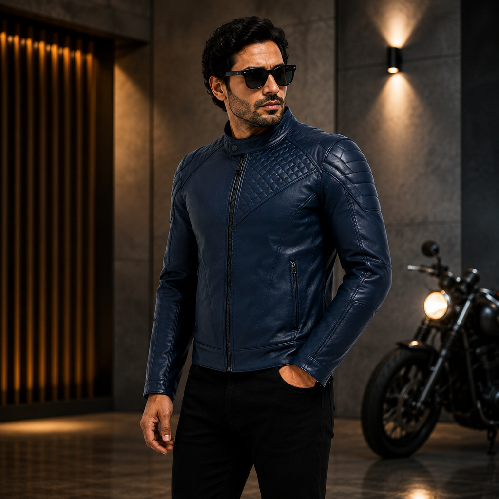 Men's Navy Blue Quilted Racer Leather Jacket