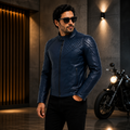 Men's Navy Blue Quilted Racer Leather Jacket