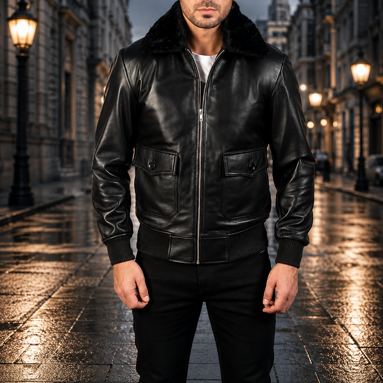 Men's Black Genuine Leather Bomber Jacket with Black Shearling Collar