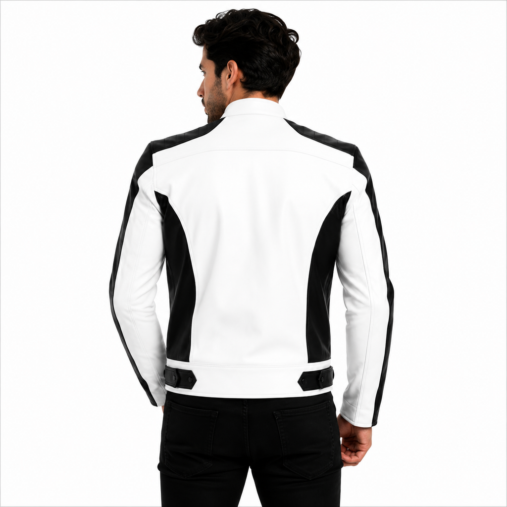 Men's White & Black Premium Leather Biker Jacket