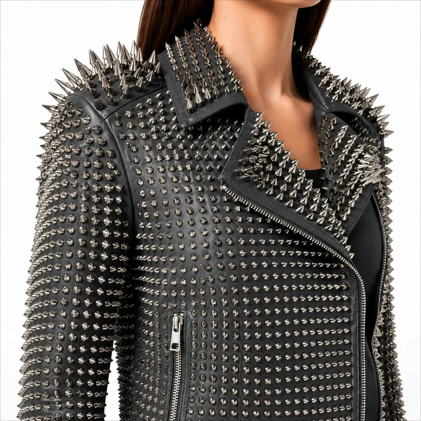 Women's charcoal grey studded leather jacket