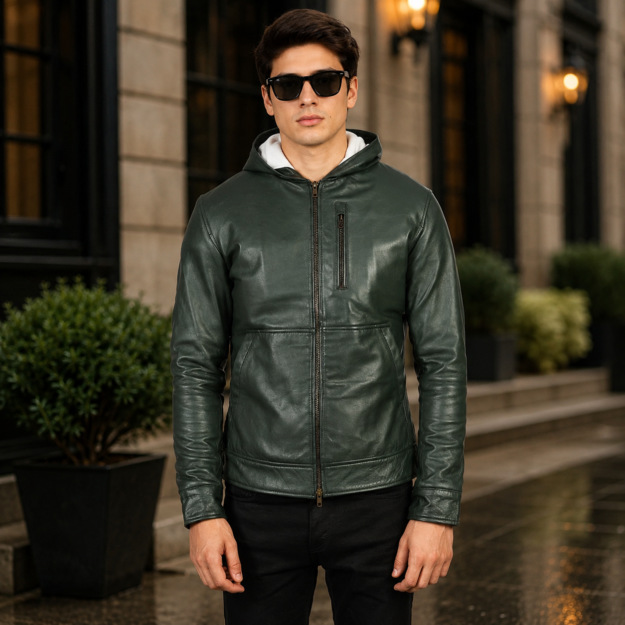 Baston Green Hooded Leather Bomber Jacket