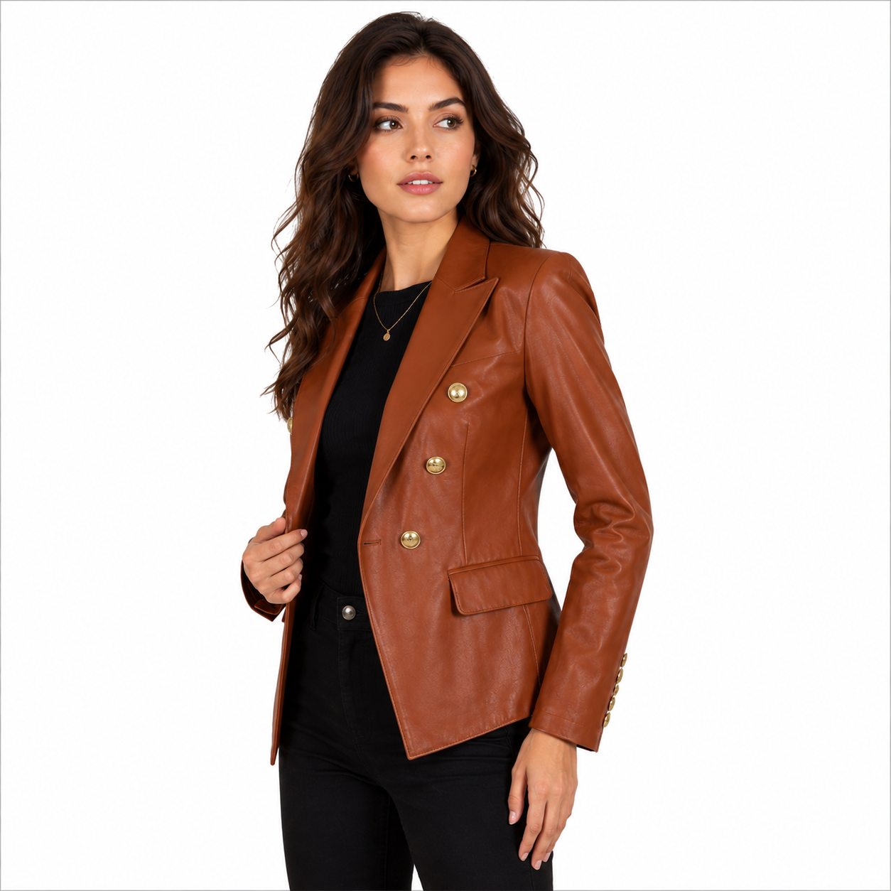 Women's Tan Leather Blazer Jacket Double Breasted Gold Button Blazer Coat for Women