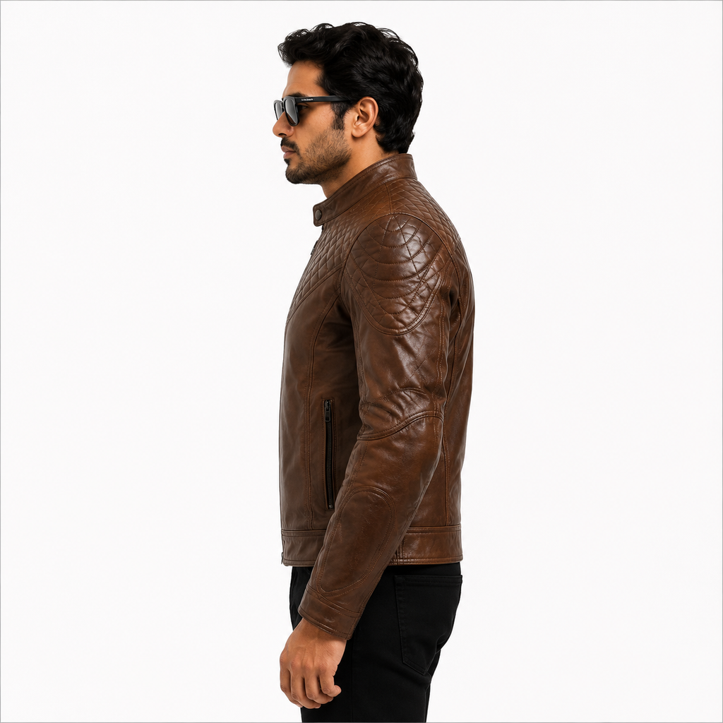 Men's Antique Brown Diamond Quilted Leather Biker Jacket