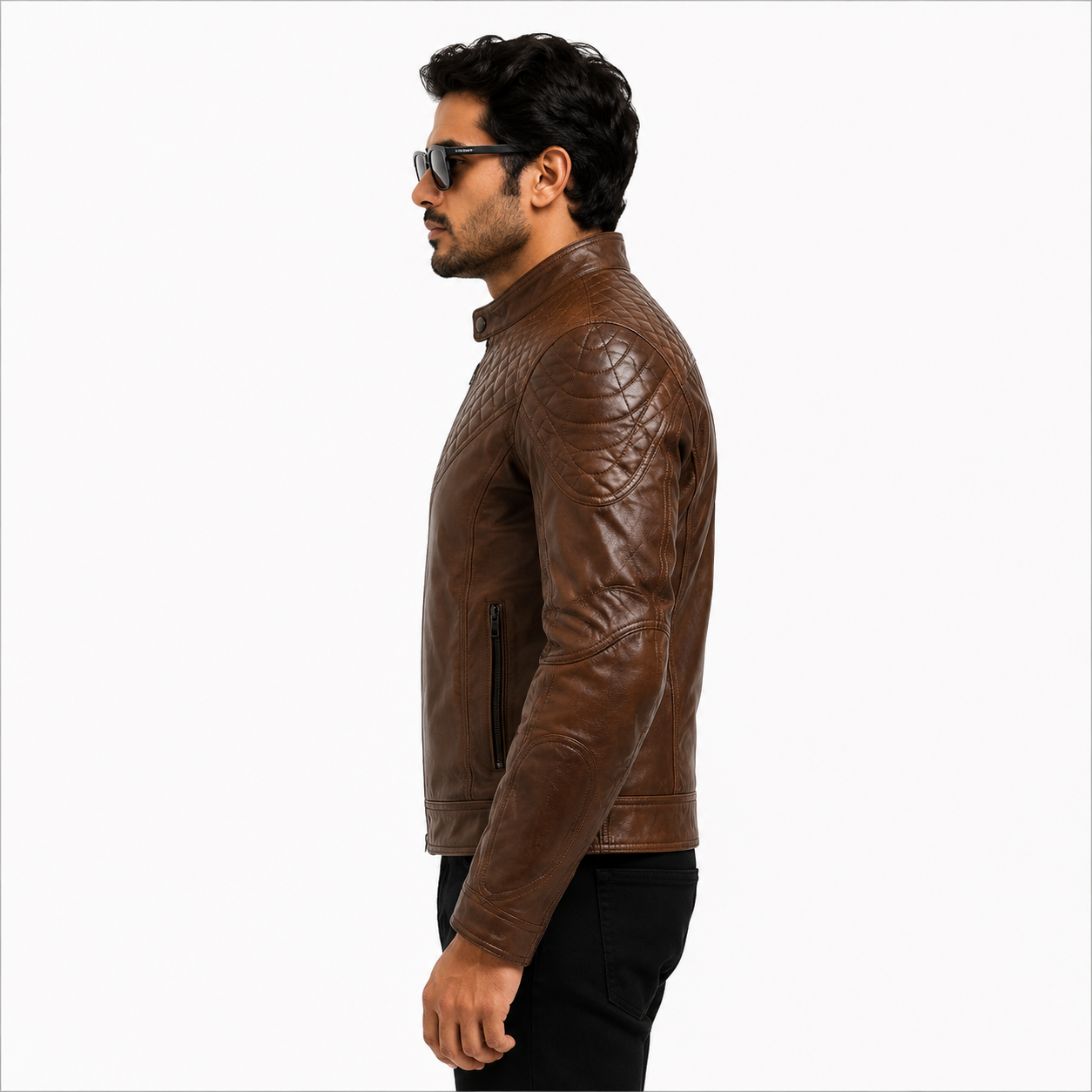 Men's Antique Brown Diamond Quilted Leather Biker Jacket