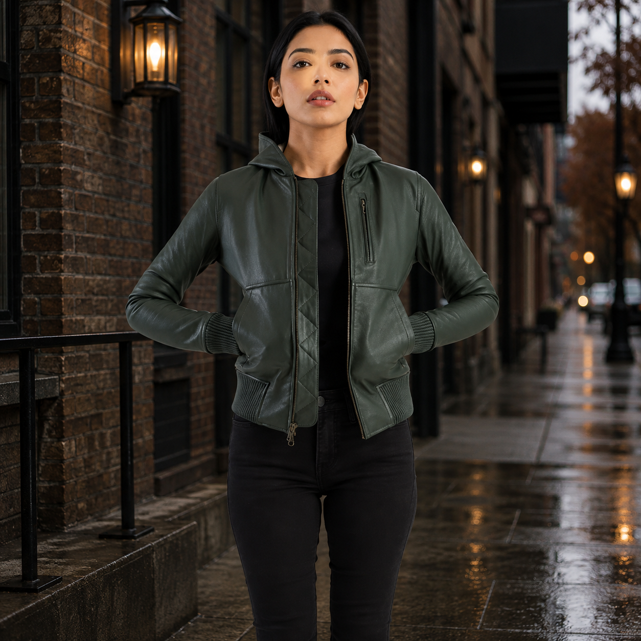 Women's Olive Green Genuine Leather Hooded Bomber Jacket